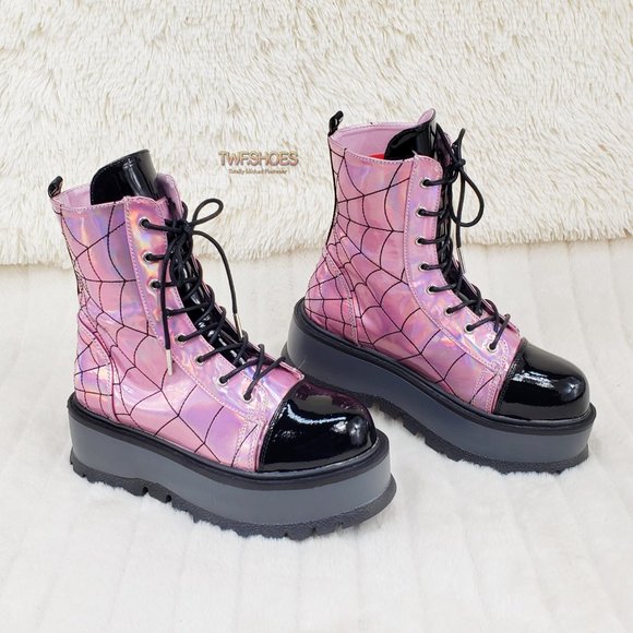 Pink Hologram Platform Spider Web Ankle Boots Punk Rave Festival Slacker - Picture 11 of 12